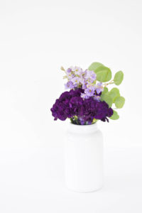 purple flowers in white vase with white background